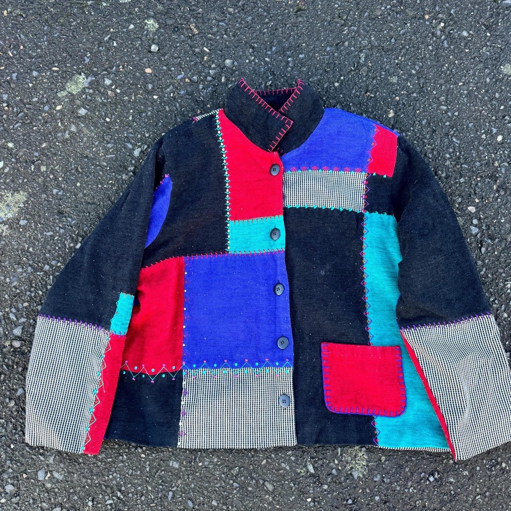 Koret Petites Western Knit Jacket Women Button Black Red Multi Patchwork Squares